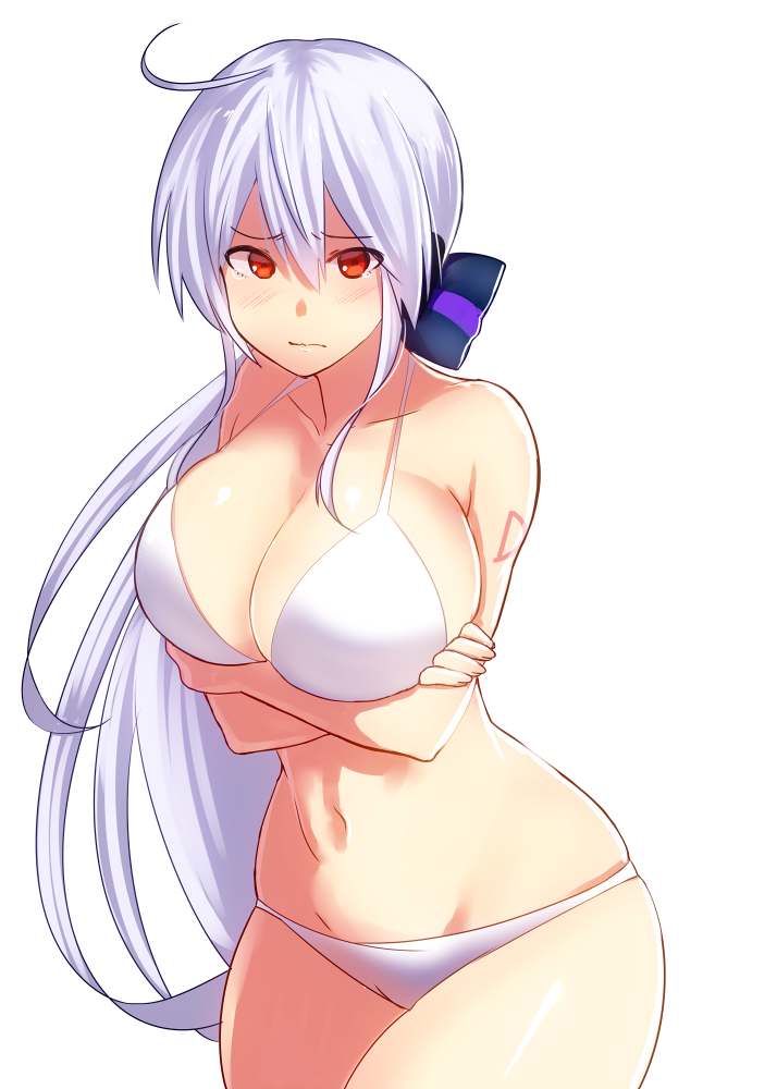1girl, alternate_costume, asanome, bare_arms, bare_legs, bikini, blush, breast_hold