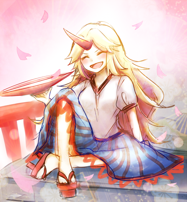 1girl, blonde_hair, cherry_blossoms, cup, female_focus, geta, gradient_background, horns