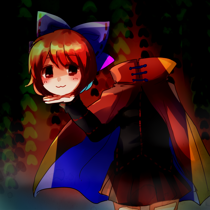 1girl, :3, bow, cape, disembodied_head, female_focus, gradient_background, hair_bow