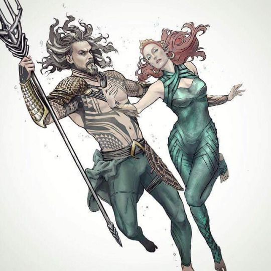 1boy, 1girl, aqua_man, aquaman_(series), armor, barefoot, beard, belt, couple, dark_skin, dawn_of_justice, dc_comics, dccu, facial_hair, goatee, gradient_background, jason_momoa, king, mera_(dc), orin_(artist), polearm, queen, swimming, tattoo, thigh_strap, tiago_da_trini, tiara, topless_female, tribal_tattoo, trident, underwater, vambraces, weapon
