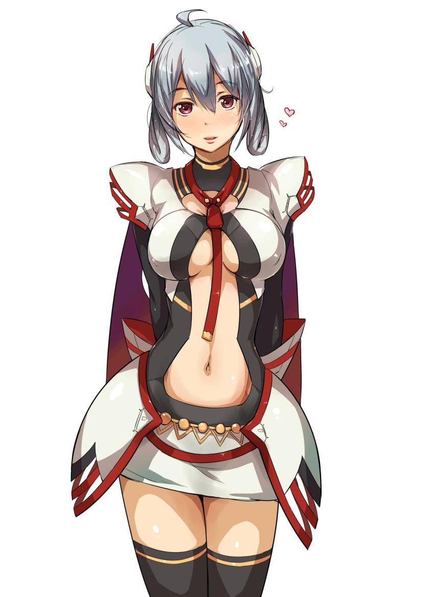 1girl, arms_behind_back, black_thighhighs, blush, breasts, center_opening, edea_cluster, female_focus