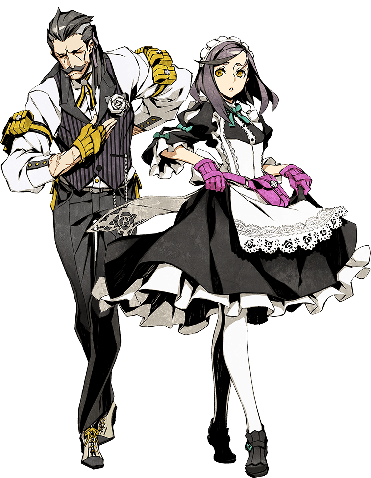 1boy, 1girl, 7th_dragon_(series), 7th_dragon_iii, black_hair, butler, crossed_legs, dress