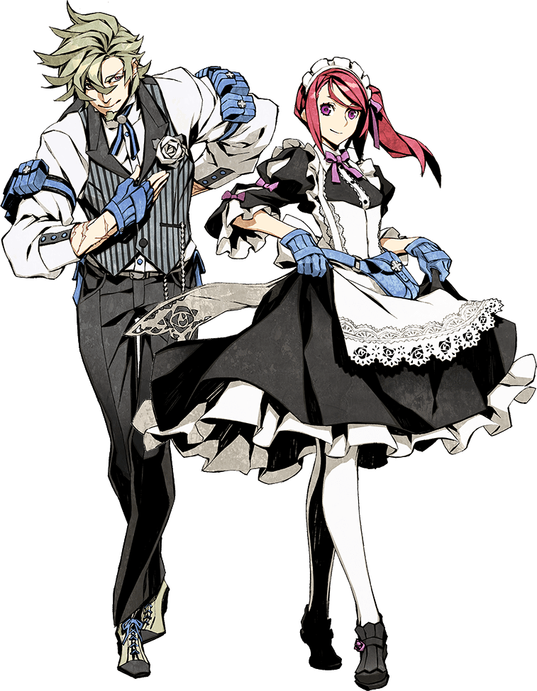 1boy, 1girl, 7th_dragon_(series), 7th_dragon_iii, brown_hair, butler, crossed_legs, dress