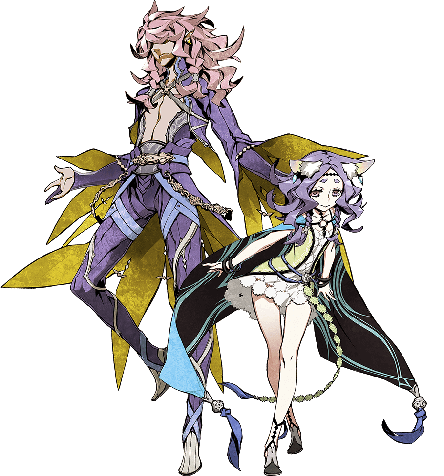 1boy, 1girl, 7th_dragon_(series), 7th_dragon_iii, animal_ears, cape, cat_ears, collarbone