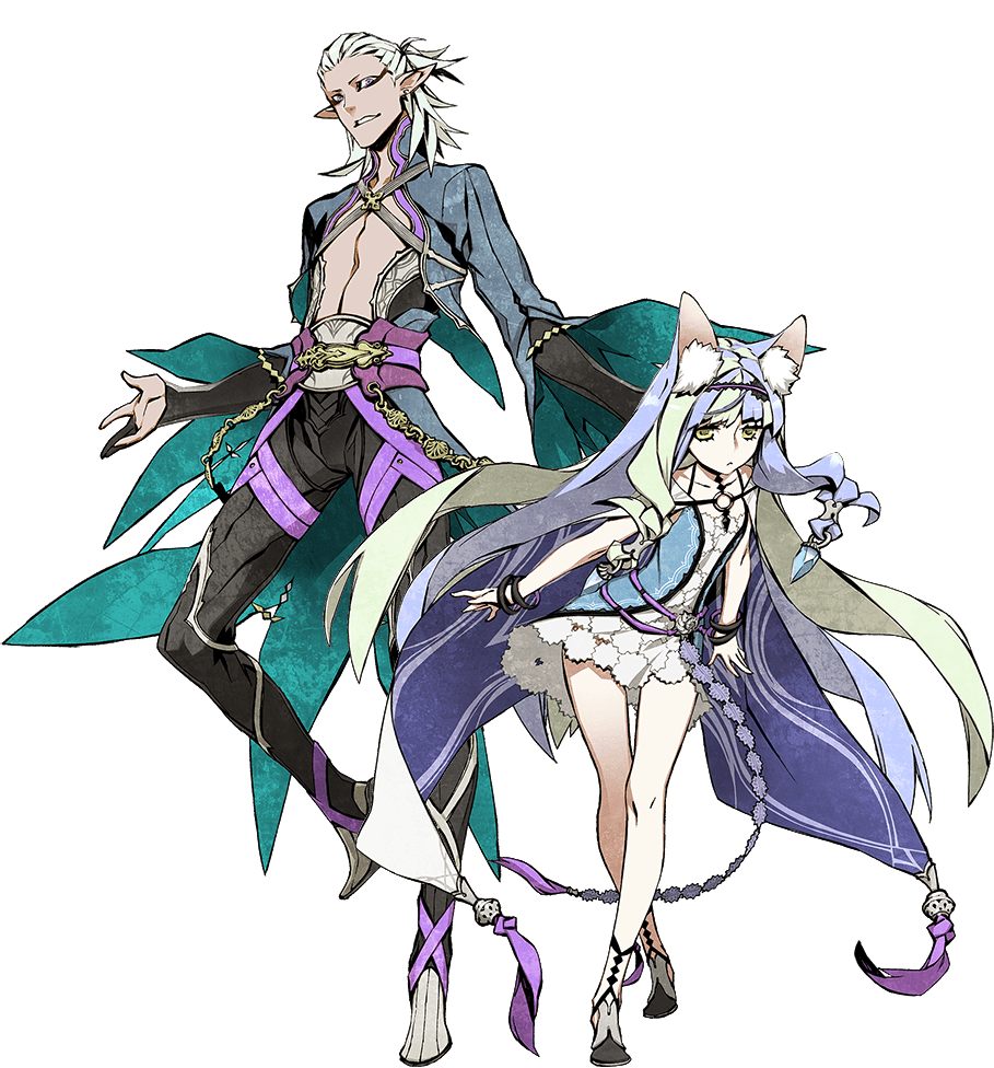 1boy, 1girl, 7th_dragon_(series), 7th_dragon_iii, animal_ears, aqua_hair, bare_shoulders, cat_ears