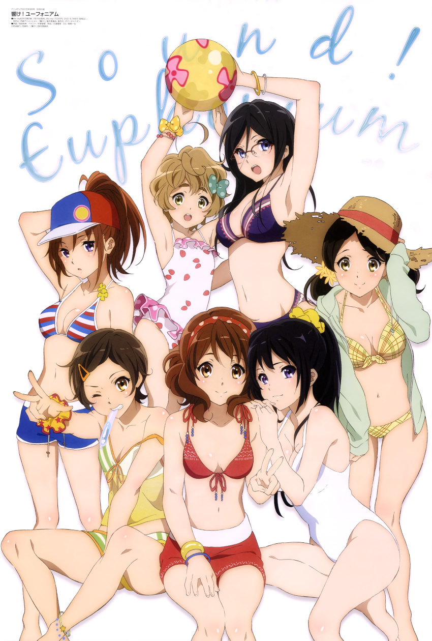 10s, 6+girls, absurdres, animedia, anklet, arm_behind_head, ball, bangle, bare_shoulders, barefoot, baseball_cap, beachball, between_legs, bikini, bikini_shorts, black_hair, blue_eyes, bow, bracelet, breasts, brown_eyes, brown_hair, casual_one-piece_swimsuit, cleavage, collarbone, copyright_name, flat_chest, floral_print, flower, frilled_swimsuit, frills, front-tie_top, glasses, green_eyes, grin, hair_bow, hair_flower, hair_ornament, hair_scrunchie, hairband, hairclip, hand_between_legs, hand_on_headwear, hand_on_own_thigh, hands_on_another's_shoulder, hat, hibike!_euphonium, highres, hood, hoodie, jewelry, kakuda_yuki, katou_hazuki, kawashima_sapphire, kousaka_reina, long_hair, mouth_hold, multiple_girls, nakagawa_natsuki, navel, official_art, ogasawara_haruka, one-piece_swimsuit, one_eye_closed, open_clothes, open_hoodie, open_mouth, oumae_kumiko, plaid_bikini, plaid_clothes, polka_dot, polka_dot_bow, ponytail, print_scrunchie, print_swimsuit, purple_bikini, purple_eyes, red_bikini, scrunchie, short_hair, shorts, simple_background, smile, star_(symbol), star_print, strap_slip, straw_hat, striped_bikini, striped_clothes, sun_hat, swimsuit, tanaka_asuka, tupet, v, white_one-piece_swimsuit, wrist_bow, wrist_scrunchie, yellow_bikini
