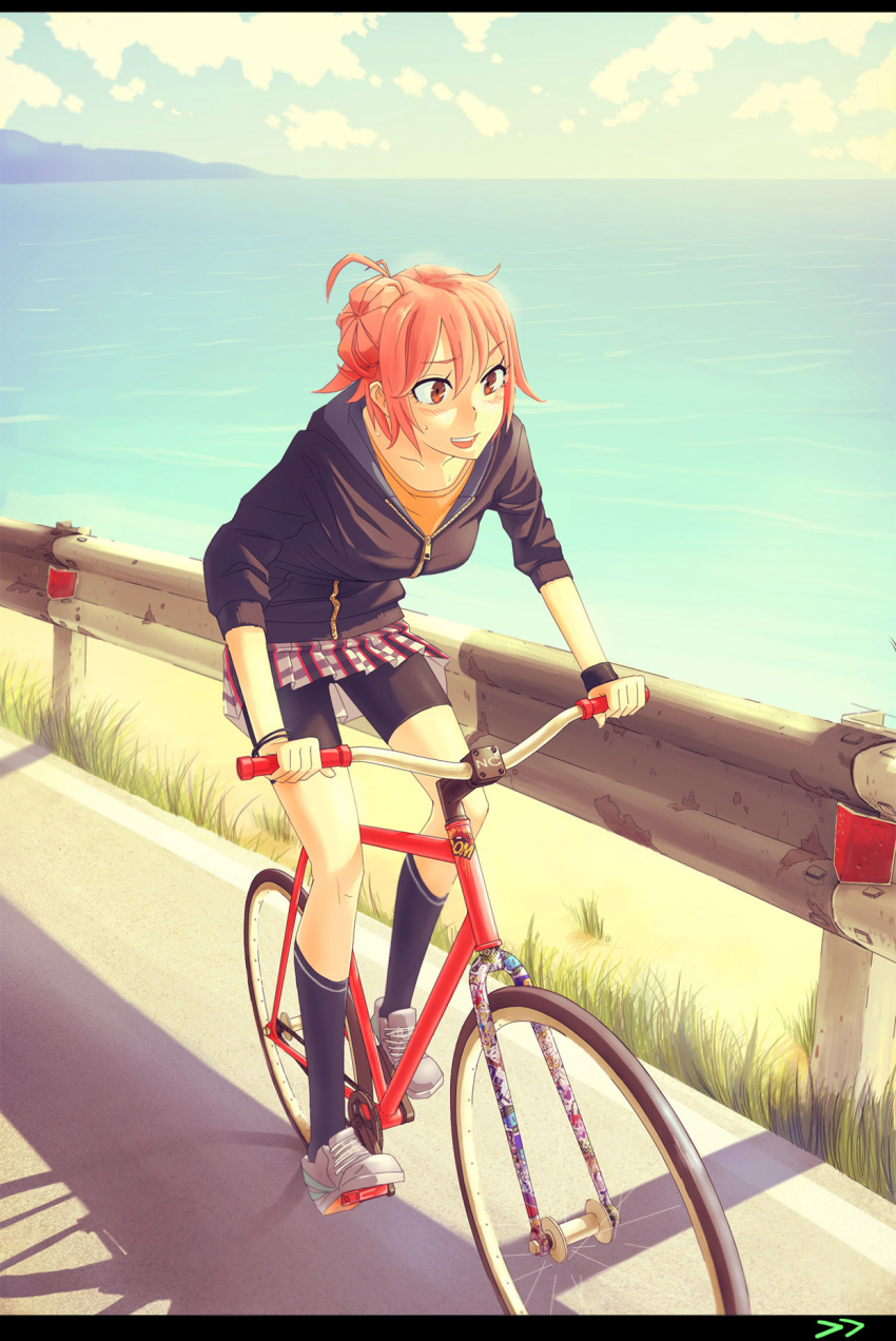 10s, 1girl, ahoge, bicycle, bike_shorts, blush, bracelet, cloud