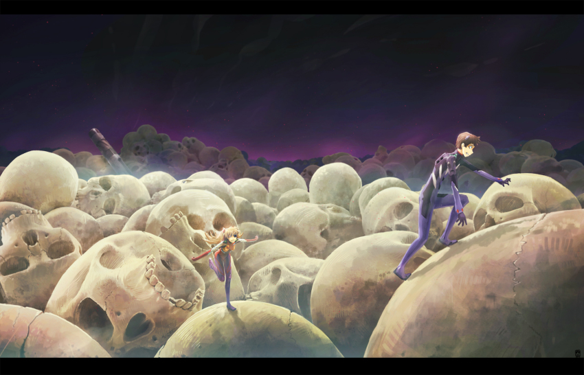 10s, 1boy, 1girl, blonde_hair, clenched_teeth, climbing, entry_plug, evangelion:_3.0_you_can_(not)_redo