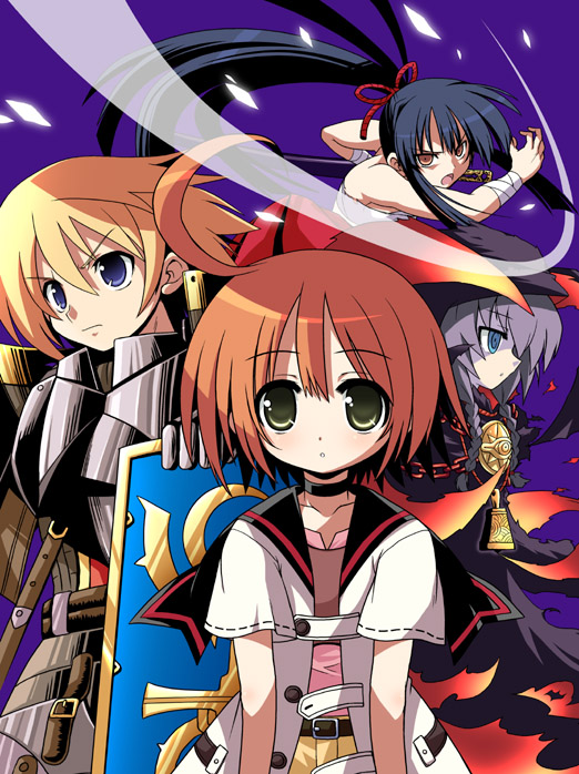 >:(, >:o, 1boy, 3girls, :o, ahoge, armor, atlus