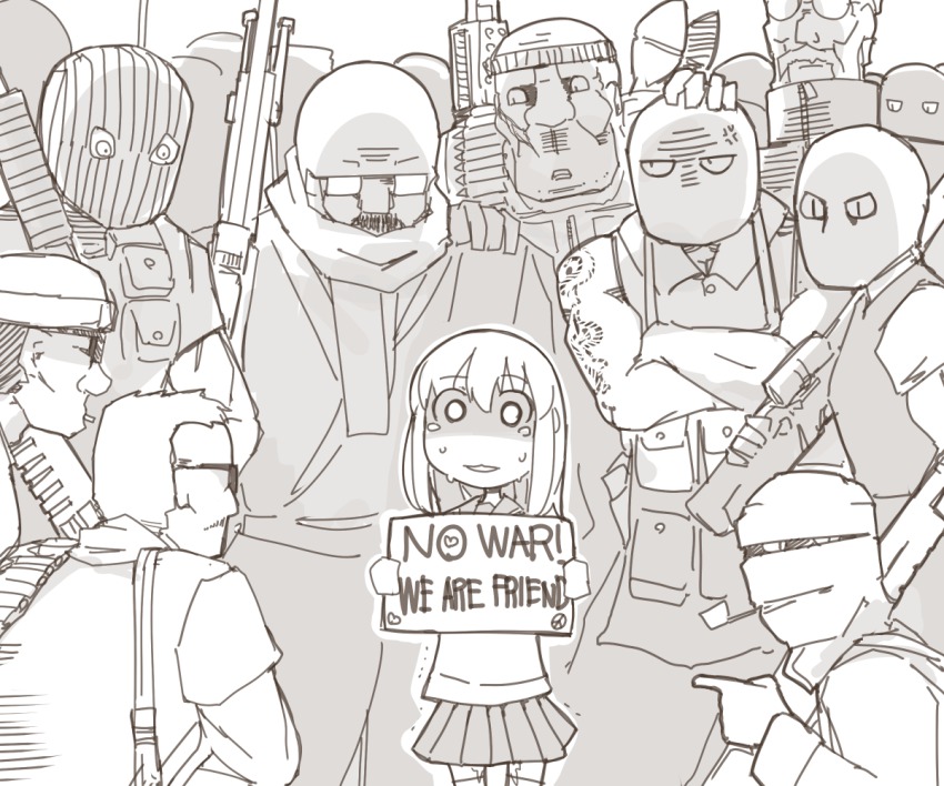 1girl, 6+boys, anger_vein, bad_end, cigarette, crowd, english_text, engrish_text, glasses, gun, heart, imminent_rape, manly, monochrome, multiple_boys, muscular, nns_(sobchan), original, parody, parted_lips, pee, peeing, peeing_self, pleated_skirt, ranguage, scared, school_uniform, serafuku, shaded_face, ski_mask, skirt, smoking_pipe, soldier, tattoo, tears, thighhighs, weapon, you_gonna_get_raped