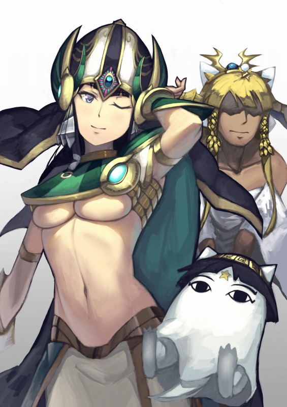 1girl, ;), ancient_egyptian, armlet, black_hair, blue_eyes, breasts, cosplay