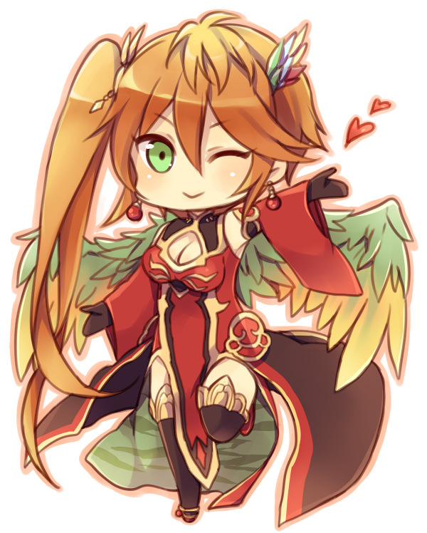 1girl, ;), bird_wings, black_thighhighs, blush, chibi, china_dress, chinese_clothes, dress, earrings, feathered_wings, female_focus, green_eyes, heart, jewelry, leg_up, leilan_(p&amp;d), leiran_(p&amp;d), long_hair, one_eye_closed, orange_hair, oyu_(frypandepan), puzzle_&amp;_dragons, red_dress, side_ponytail, simple_background, smile, solo, thighhighs, very_long_hair, white_background, wings