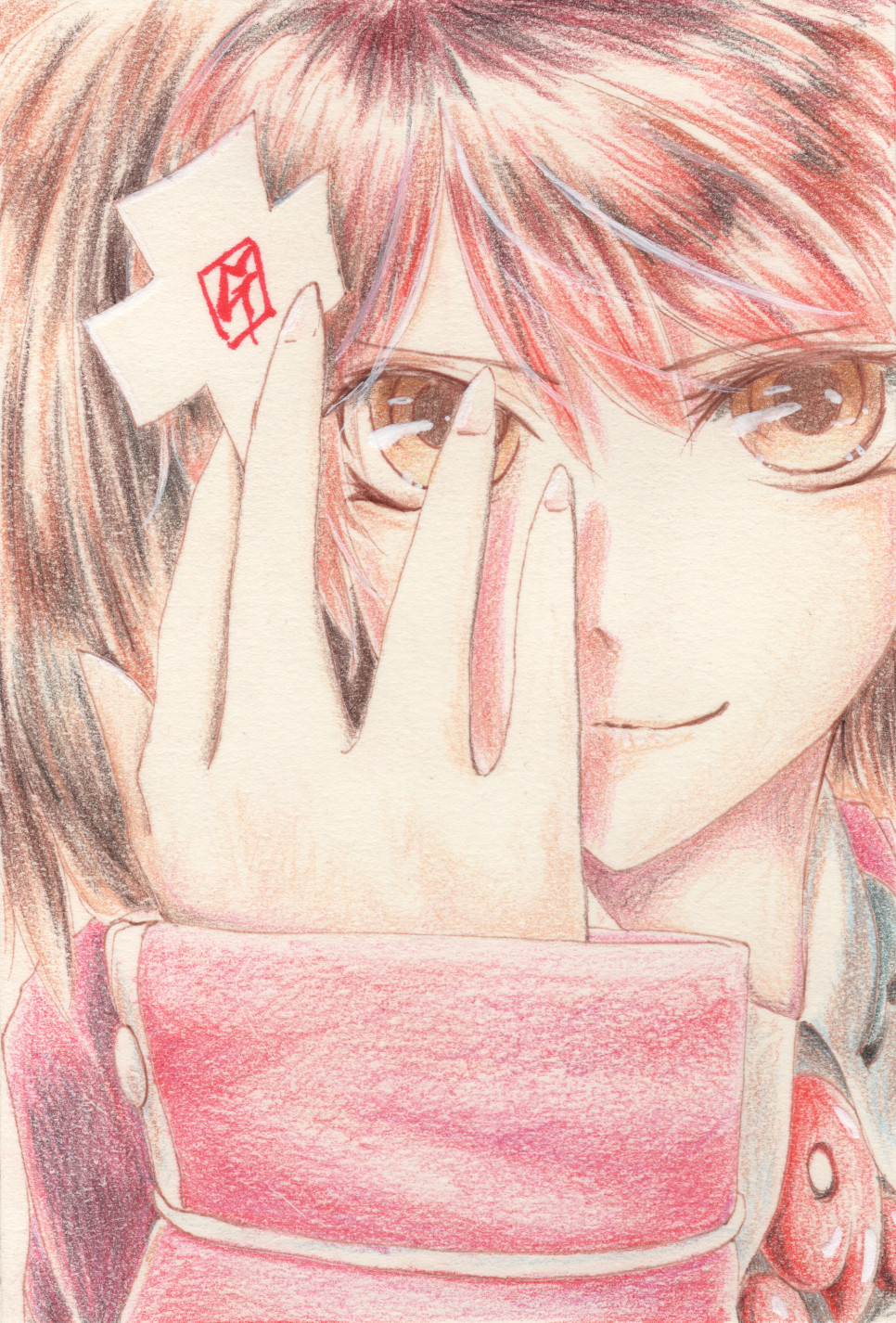 10s, 1girl, brown_eyes, brown_hair, close-up, cross, female_focus, highres, holding, kantai_collection, long_sleeves, looking_at_viewer, nu_seat, portrait, ryuujou_(kancolle), sleeves_past_wrists, smile, solo, tesun_(g_noh), traditional_media, upper_body, watercolor_pencil_(medium)