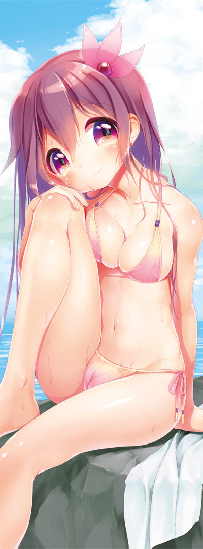10s, 1girl, bad_id, bad_pixiv_id, bikini, breasts, brown_eyes, brown_hair