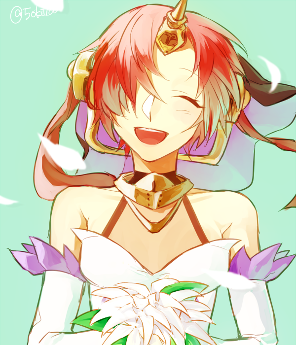 1girl, 5spra, dress, elbow_gloves, fate/apocrypha, fate_(series), female_focus, flower, frankenstein's_monster_(fate), frankenstein's_monster_(fate/apocrypha), gloves, hair_over_eyes, horns, pink_hair, simple_background, single_horn, solo, veil, white_dress, white_gloves