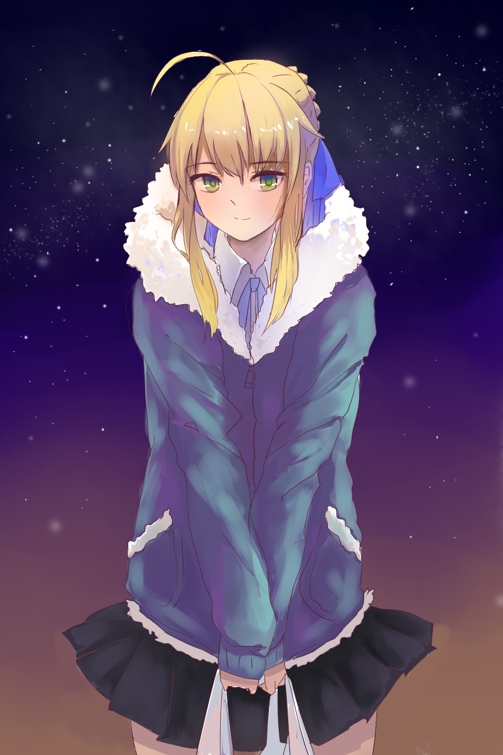 1girl, ahoge, alternate_costume, artoria_pendragon_(fate), blonde_hair, blush, braid, braided_bun, coat, fate/stay_night, fate_(series), female_focus, gradient_background, green_eyes, hair_bun, highres, inuko_(redconstellation), miniskirt, saber_(fate), skirt, smile, solo, thighs