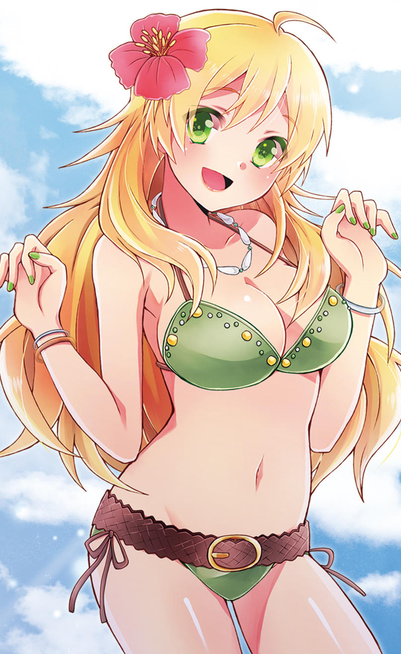 1girl, 81_(mellowry), :d, ahoge, belt, bikini, blonde_hair, bracelet, breasts, cleavage, cloud, day, female_focus, flower, gradient_background, green_bikini, green_eyes, hair_flower, hair_ornament, highres, hoshii_miki, idolmaster, idolmaster_(classic), jewelry, large_breasts, long_hair, looking_at_viewer, nail_polish, navel, necklace, open_mouth, sky, smile, solo, stomach, swimsuit