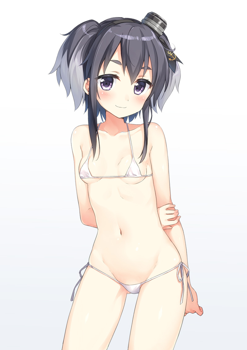 10s, 1girl, arm_behind_back, bikini, black_hair, blush, breasts, female_focus