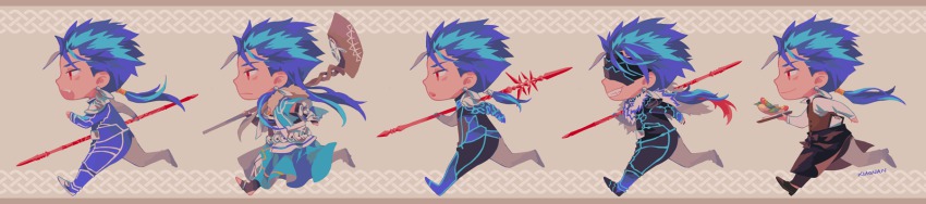 10s, armor, chibi, cu_chulainn_(caster)_(fate), cu_chulainn_(fate), cu_chulainn_(fate/extra), fate/extra, fate/grand_order, fate/hollow_ataraxia, fate/kaleid_liner_prisma_illya, fate/stay_night, fate_(series), gae_bolg_(fate), highres, hot_dog, long_image, male_focus, multiple_persona, official_alternate_costume, polearm, simple_background, spear, staff, variations, visor, vuls406, waiter, weapon, wide_image