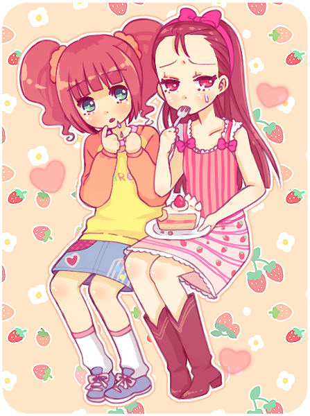 00s, boots, brown_hair, cake, eating, food, fork, idolmaster