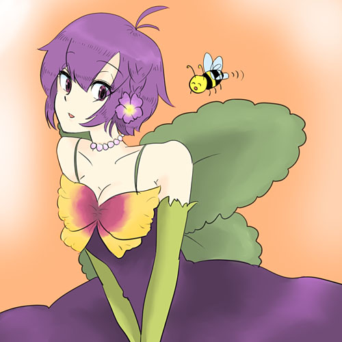 1girl, bad_id, bad_pixiv_id, bee, breasts, bug, cleavage, dress, elbow_gloves, female_focus, gloves, insect, kanenari, lowres, medium_breasts, original, pansy-chan, purple_hair, short_hair, solo