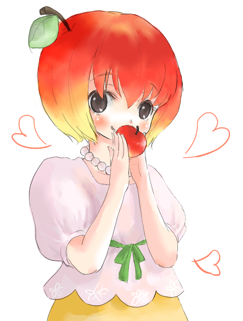 1girl, apple, bad_id, bad_pixiv_id, blush, female_focus, food, fruit