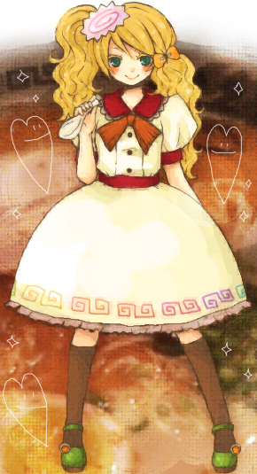 1st-mn, blonde_hair, bow, dress, food, food-themed_clothes, green_eyes, hair_bow