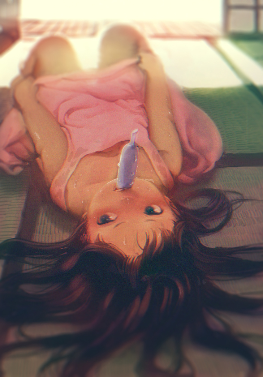 1girl, blue_eyes, blurry, blush, brown_hair, clothes_lift, depth_of_field, dress, dress_lift, female_focus, food, food_in_mouth, foreshortening, from_above, full-face_blush, hair_spread_out, hantsuki_(15.8), hantsuki_(ichigonichiya), highres, long_hair, lying, mouth_hold, on_back, original, pink_dress, popsicle, realistic, sliding_doors, solo, summer, sunlight, sweat, tatami, upside-down, wet