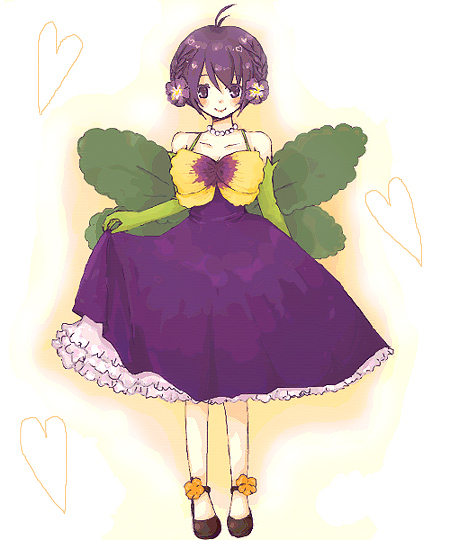 1st-mn, dress, elbow_gloves, gloves, leaf, original, pansy-chan, purple_eyes, purple_hair, short_hair, smile, solo