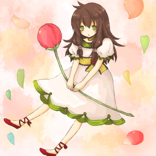 1st-mn, brown_hair, dress, flower, green_eyes, long_hair, lowres, original
