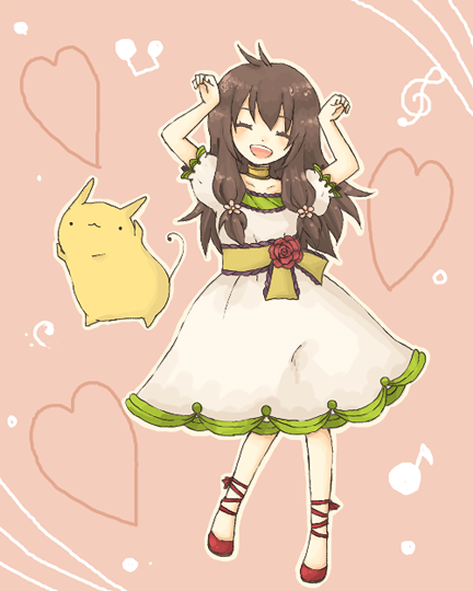 1st-mn, brown_hair, caramelldansen, dress, closed_eyes, happy, long_hair, smile, solo, tsubomi-chan