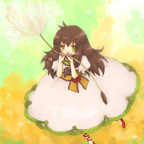 1girl, 1st-mn, brown_hair, dandelion, dress, female_focus, flower, green_eyes