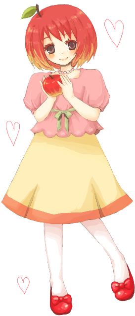 1girl, 1st-mn, apple, dress, female_focus, food, fruit, heart