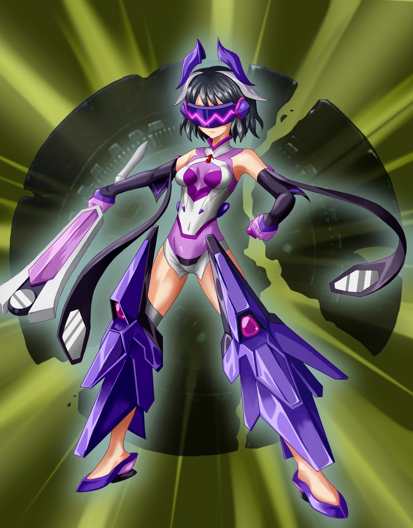 10s, 1girl, armor, armpits, bare_shoulders, black_hair, bodysuit, breasts