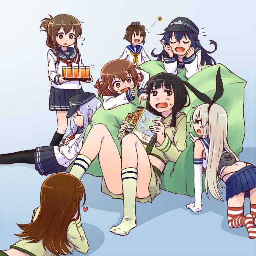 10s, 6+girls, :d, akatsuki_(kancolle), bare_shoulders, black_hair, black_socks, blonde_hair, blue_skirt, brown_hair, closed_eyes, commentary_request, crop_top, detached_sleeves, fang, female_pervert, flat_cap, flying_sweatdrops, folded_ponytail, gradient_background, hairband, hat, heart, hibiki_(kancolle), highleg, highleg_panties, ikazuchi_(kancolle), inazuma_(kancolle), kantai_collection, kitakami_(kancolle), kneehighs, long_hair, long_sleeves, lying, miniskirt, multicolored_legwear, multiple_girls, on_stomach, ooi_(kancolle), open_mouth, panties, pantyhose, pervert, pleated_skirt, pogii, ponytail, school_uniform, serafuku, shimakaze_(kancolle), short_hair, silver_hair, skirt, smile, socks, striped_clothes, striped_legwear, striped_thighhighs, thighhighs, underwear, white_legwear, yukikaze_(kancolle), |_|