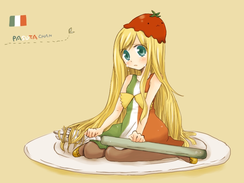 1girl, :3, aqua_eyes, bad_id, bad_pixiv_id, blonde_hair, blue_eyes, dress, female_focus, food, food-themed_clothes, food_on_head, fork, hazuki_(pacco), italy, kneeling, long_hair, mini_person, minigirl, object_on_head, on_plate, original, oversized_object, pantyhose, pasta-chan, personification, plate, sad, sitting, solo, tears, tomato
