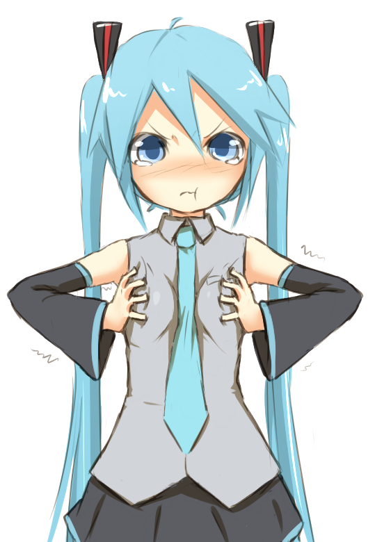 1girl, :t, aqua_hair, blue_eyes, breasts, breasts_squeezed_together, detached_sleeves, female_focus
