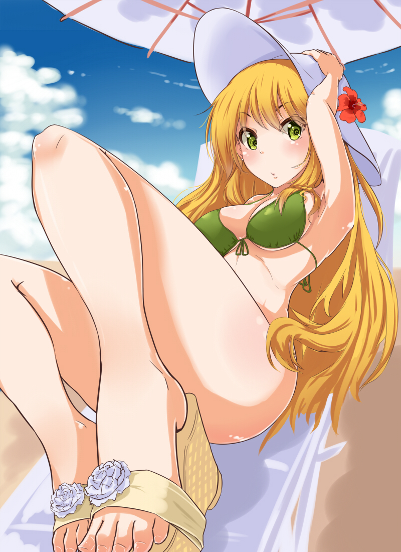 1girl, banana_(hirane1988), bikini, blonde_hair, blush, breasts, feet, female_focus, flower, front-tie_top, gradient_background, green_bikini, green_eyes, hand_on_headwear, hat, hat_flower, hibiscus, hoshii_miki, idolmaster, idolmaster_(classic), legs, long_hair, long_legs, looking_at_viewer, platform_sandals, sandals, sitting, solo, sun_hat, swimsuit, thighs, toes, underboob