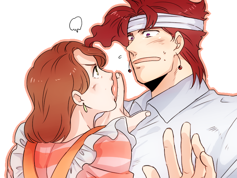 1boy, 1girl, apron, bandages, brown_hair, earrings, food-themed_earrings, imaru_(yashiro19950425)