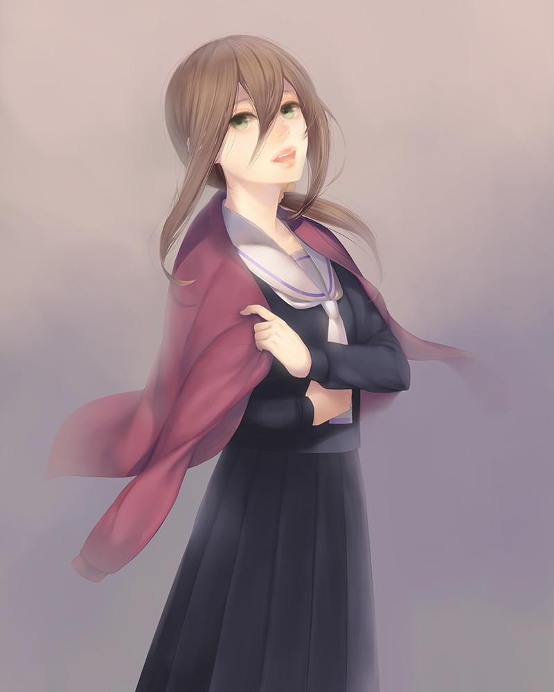 1girl, brown_hair, dress, female_focus, gradient_background, green_eyes, jacket, jacket_on_shoulders