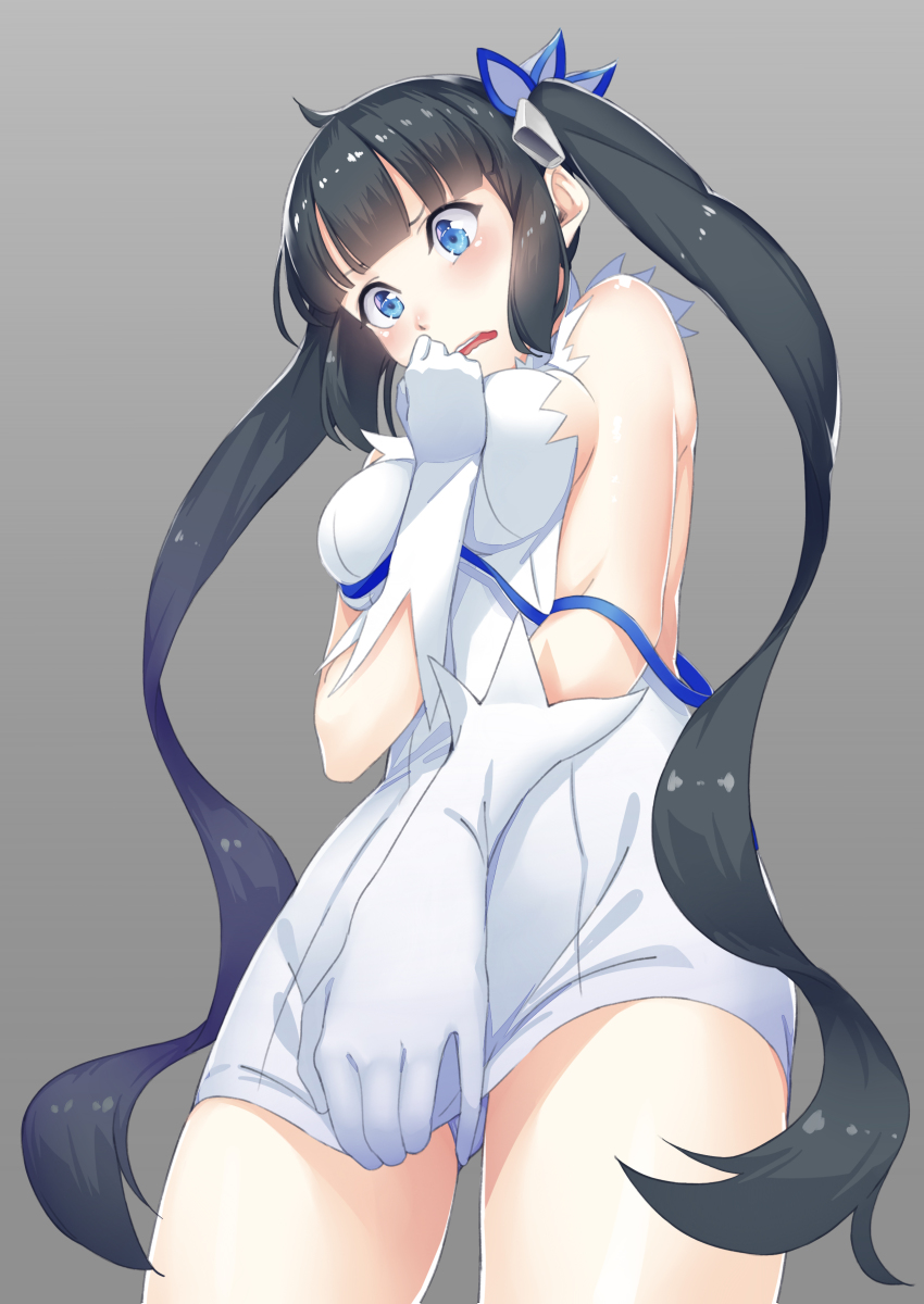 10s, 1girl, absurdres, blue_eyes, breasts, dungeon_ni_deai_wo_motomeru_no_wa_machigatteiru_darou_ka, female_focus, from_below, gloves, gradient_background, hair_ribbon, hestia_(danmachi), highres, long_hair, oto_(ginswallow), rei_no_himo, ribbon, solo, totsuki_kakeru, twintails