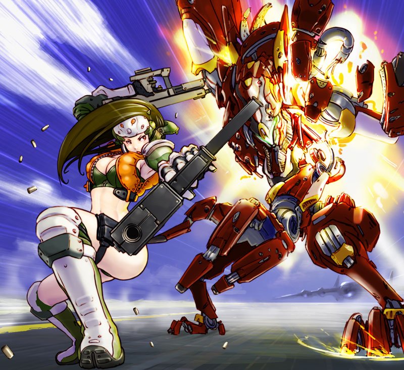 boots, bullet, dual_wielding, explosion, fire, gun, hands_on_own_hips, holding