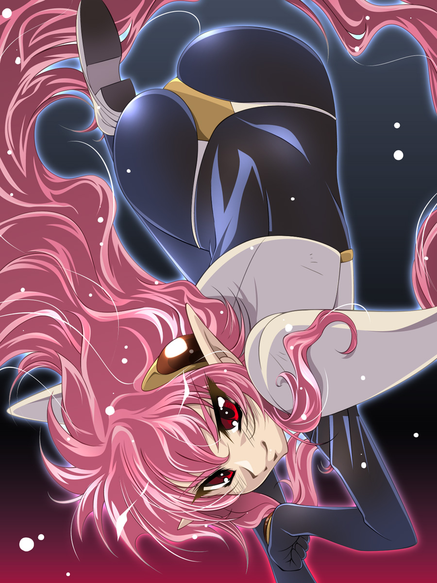 1990s_(style), 1girl, aoi_nagisa_(metalder), armor, ass, bodysuit, female_focus, highres, long_hair, magic_knight_rayearth, nova_(rayearth), panties, pink_hair, pointy_ears, red_eyes, retro_artstyle, skin_tight, solo, thong, underwear, upside-down, very_long_hair, wavy_hair, yandere