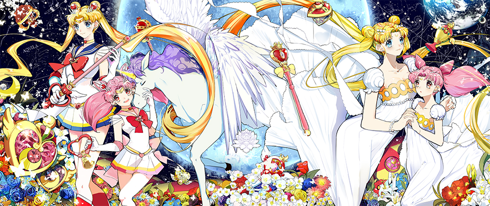 1990s_(style), 4girls, bad_id, bad_pixiv_id, bead_bracelet, beads, bishoujo_senshi_sailor_moon, bishoujo_senshi_sailor_moon_r, bishoujo_senshi_sailor_moon_s, bishoujo_senshi_sailor_moon_stars, bishoujo_senshi_sailor_moon_supers, blonde_hair, blue_eyes, blue_flower, blue_rose, blue_sailor_collar, boots, bow, bracelet, brooch, chibi_usa, choker, collarbone, cone_hair_bun, crescent, crescent_facial_mark, crystal_carillon, cutie_moon_rod, double_bun, dress, dual_persona, earth_(planet), elbow_gloves, eternal_tiare, facial_mark, flower, full_moon, gloves, hair_bun, hair_ornament, hairpin, heart, heart_brooch, height_difference, helios_(sailor_moon), holding_hands, horns, jewelry, kaleidomoon_scope, knee_boots, long_hair, maboroshi_no_ginzuishou, magical_girl, moon, multicolored_skirt, multiple_girls, pegasus, pegasus_(sailor_moon), pink_hair, planet, pleated_skirt, princess_serenity, red_bow, red_eyes, red_footwear, retro_artstyle, rose, sailor_chibi_moon, sailor_collar, sailor_moon, sailor_senshi, seihai_(sailor_moon), short_hair, shutun, single_horn, skirt, small_lady_serenity, smile, spiral_heart_moon_rod, super_sailor_chibi_moon, super_sailor_moon, tiara, tsukino_usagi, twintails, white_dress, white_gloves, white_wings, wings, youmonii