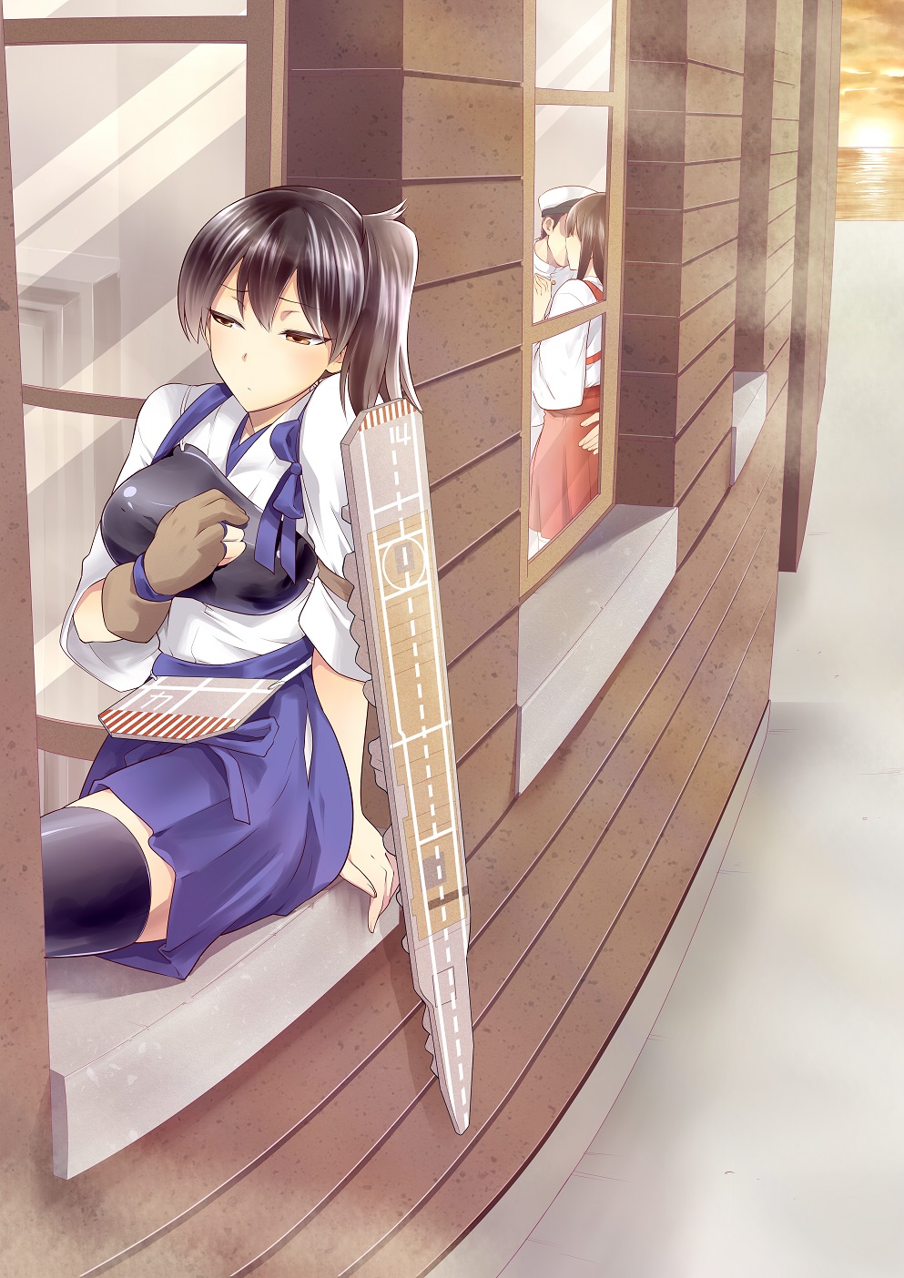 10s, 1boy, 2girls, admiral_(kancolle), akagi_(kancolle), black_legwear, blush, brown_eyes