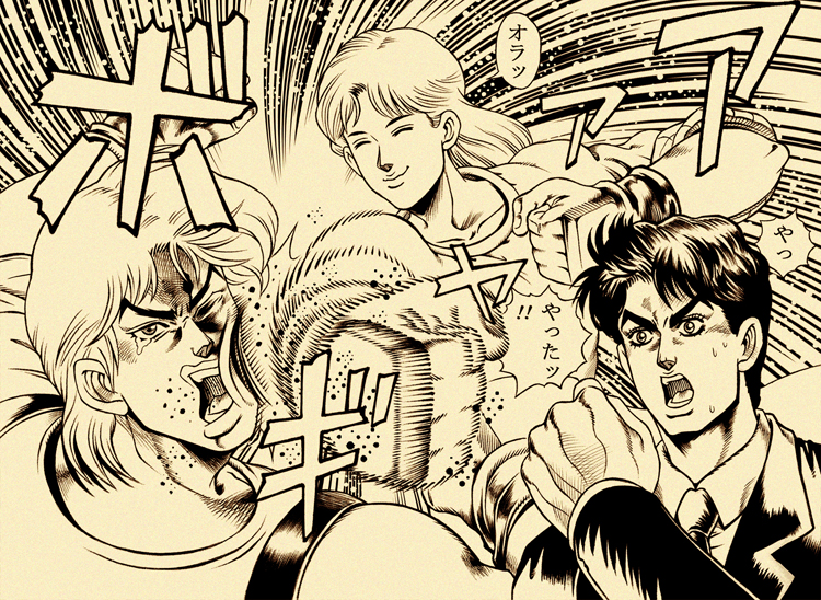 1girl, 2boys, araki_hirohiko_(style), ashiro_(collective-mind), boxing, dio_brando, erina_pendleton, fingerless_gloves