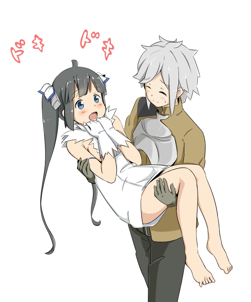 10s, 1boy, 1girl, :d, ^_^, barefoot, bell_cranel, black_hair, blue_eyes, blush, breasts, carrying, closed_eyes, dress, dungeon_ni_deai_wo_motomeru_no_wa_machigatteiru_darou_ka, gloves, heartbeat, hestia_(danmachi), hetero, highres, long_hair, nervous_smile, open_mouth, pa._(tatuya28001), princess_carry, sideboob, silver_hair, simple_background, sleeveless, sleeveless_dress, small_breasts, smile, sweatdrop, translated, twintails, white_gloves