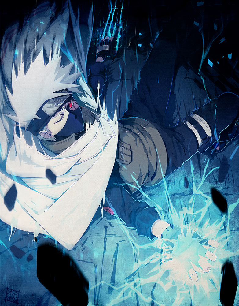 1boy, bandages, cloak, falling, gloves, grey_hair, hatake_kakashi, lightning