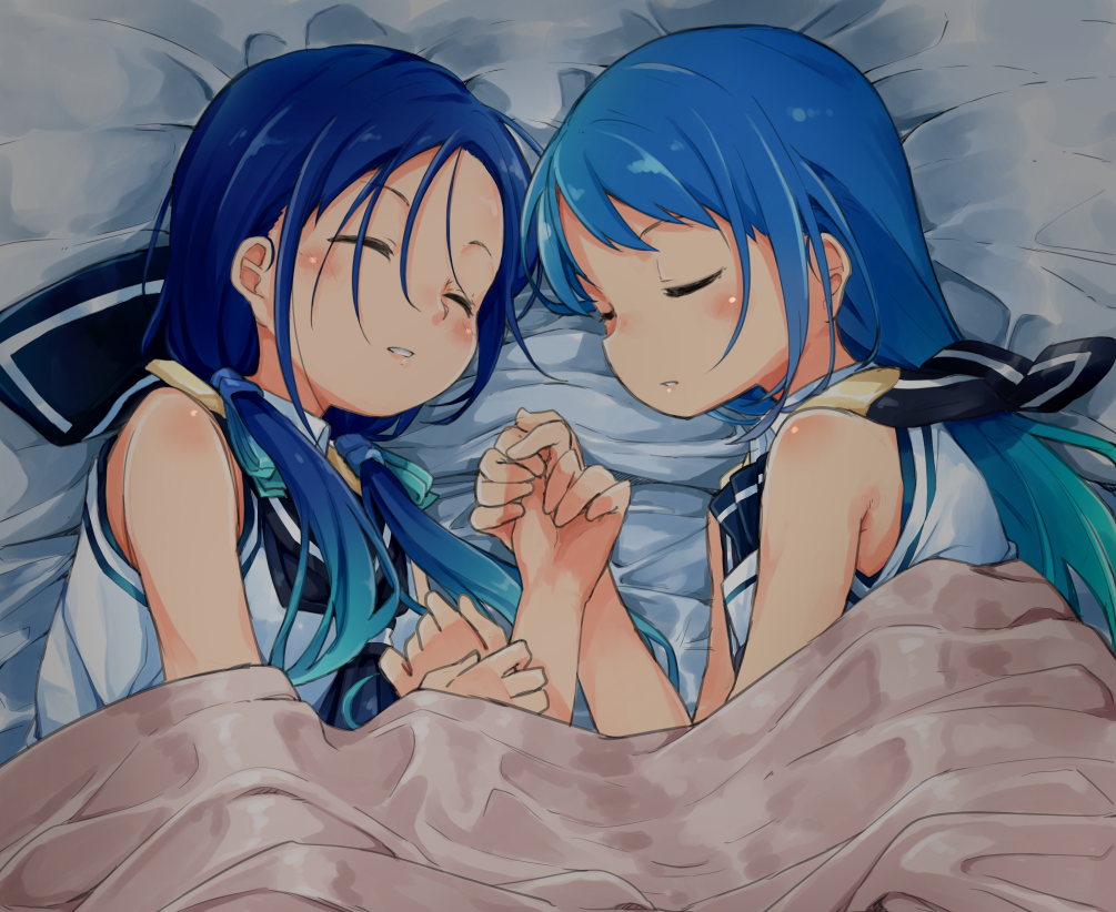 10s, 2girls, bare_shoulders, bed, blue_hair, blush, kantai_collection, multiple_girls