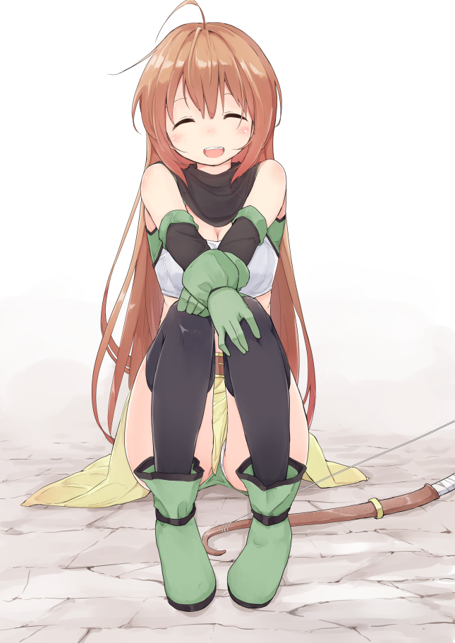 1girl, :d, ahoge, black_thighhighs, blush, bow_(weapon), breasts, brown_hair
